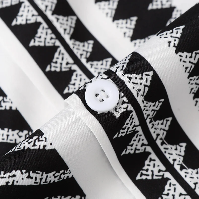 Retro Herren Geometrisch Gestreiftes Hemd Kurzarm Tribal-Print Knopfleiste Hawaii-Hemd Sommer-Oberteil Schwarz-Weiß Farbblock – Detail 10