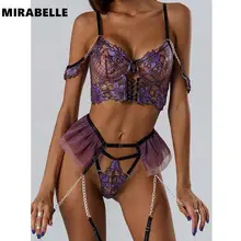  MIRABELLE Fine Lingerie for Women Sexy Porn Underwear Bra and Panty Set Lace Thongs Ruffle Fancy Embroidery With Chain Garter 