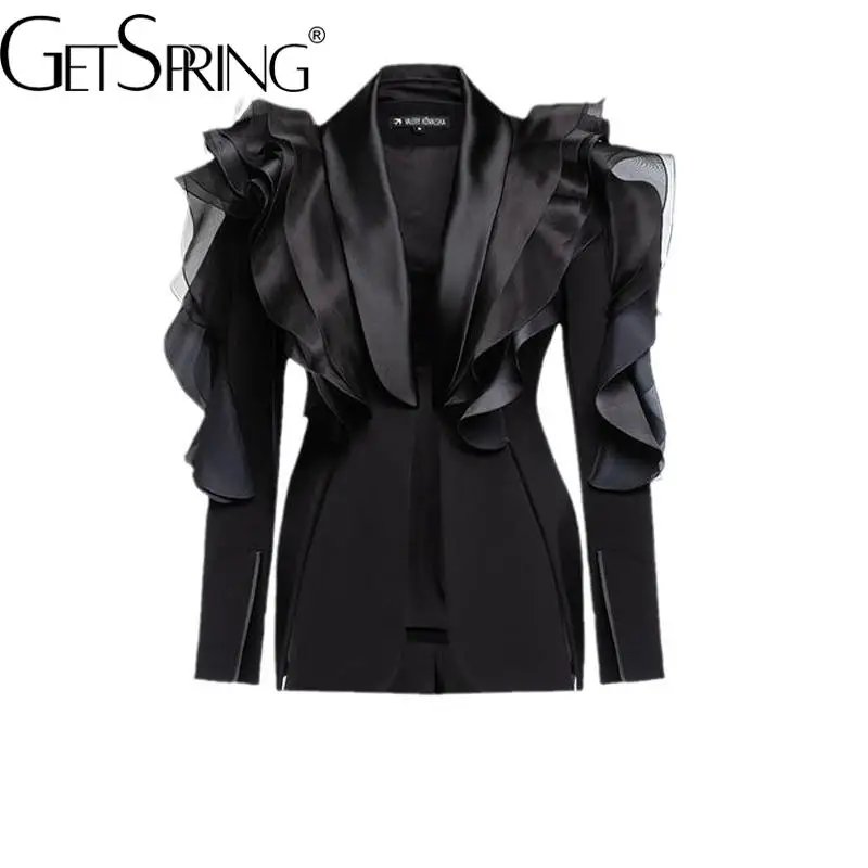 gestring Women Blazer 2025 Three Dimensional Ruffled Stitching Long Sleeve Ladies Black Blazer Coat Women's Slim Suit Jacket
