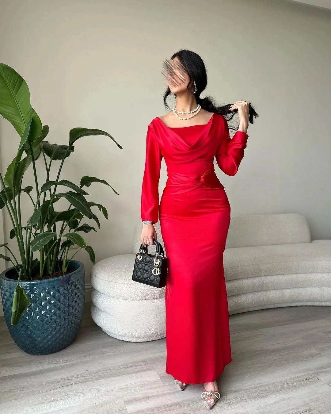

Red Long Sleeves Prom Dresses 2023 Ankle-Length Simple Arabia Fashion Design Evening Dresses Formal Occasion Dress Party Gown