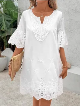 Abito a maniche corte con scollo a V in pizzo casual alla moda Nuovo scava fuori elegante casual bianco abiti da festa per le vacanze da ufficio Robe Femme Summer 1
