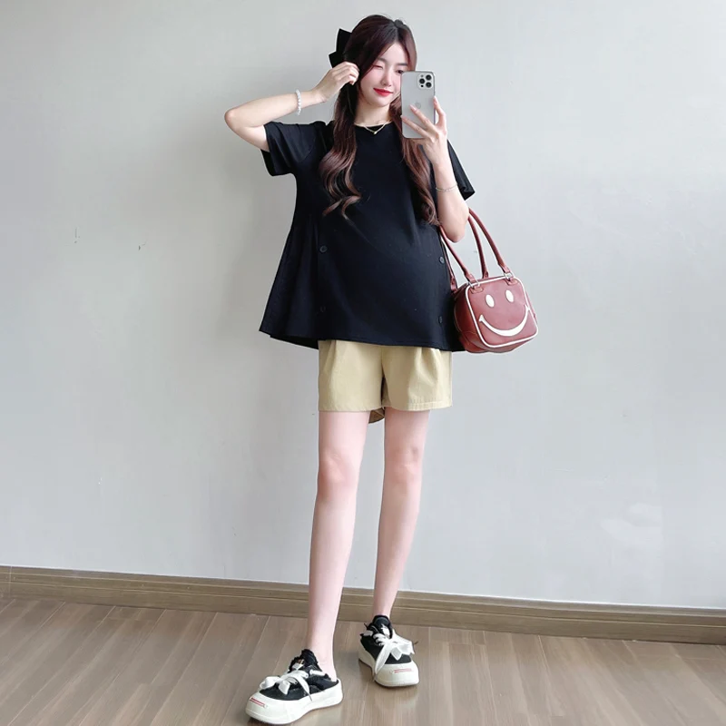 임산부를위한 여름 느슨한 반팔 라운드 넥 투피스 세트 한국 스타일 코튼 이너 얇고 편안한