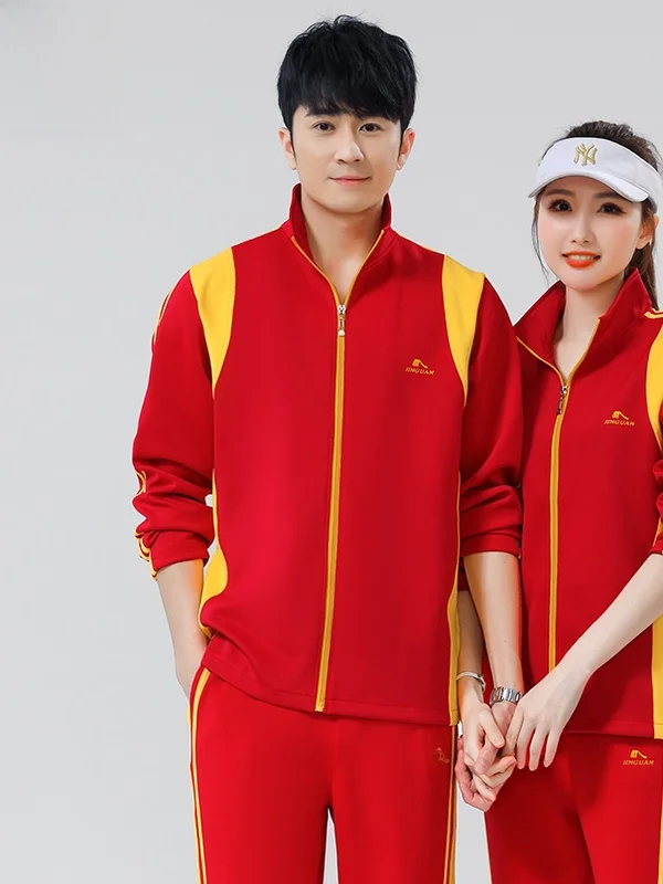  봄 신상 남녀공용 레드 스포츠 슈트 대형 사이즈 스퀘어 댄스 피트니스 체조복 통기성 땀 흡수 빠른 건조 초경량 긴팔 오픈 가디건