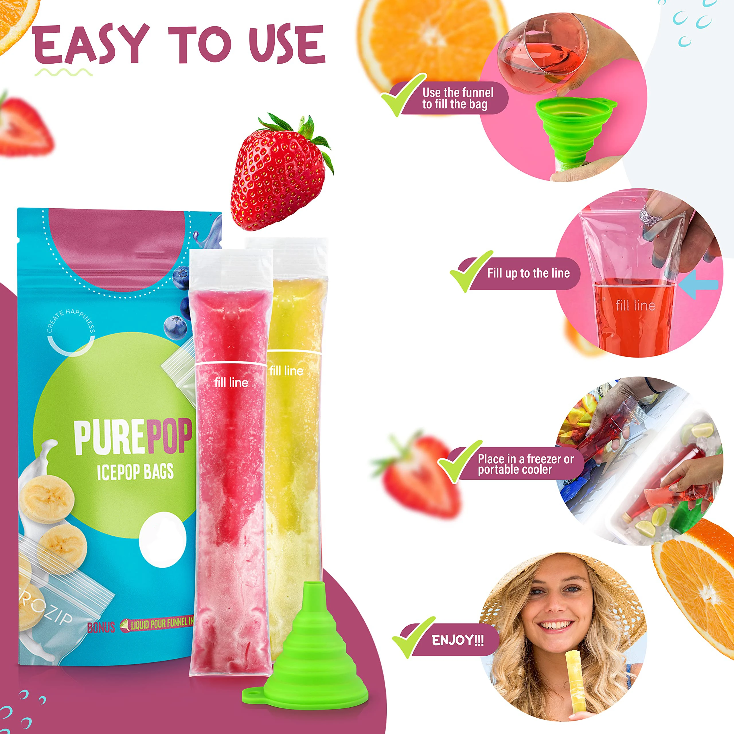 WKNGM Large Silicone Popsicle Molds Set - 3 Molds With Lids, 100 Sticks & Bags, Pink