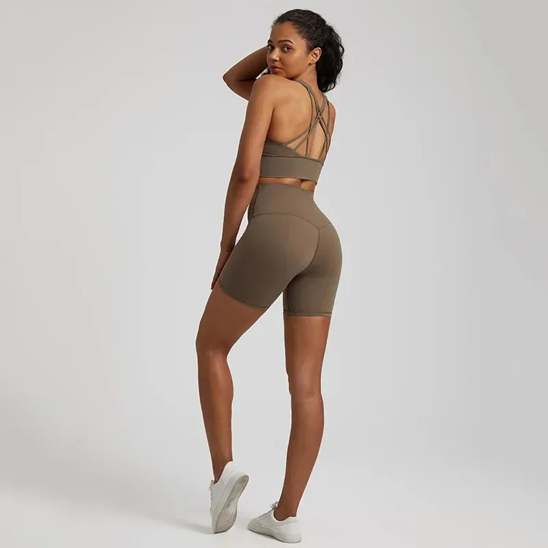 Lemon Gym Yoga Set Workout Training Women Sports Suit High Waist Short And  Fitness Bra 2pcs Short Legging  With Chest Pad