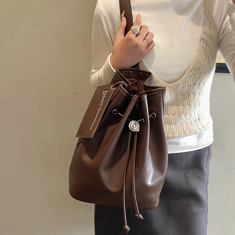 2 Teile/satz Eimer Design Umhängetasche 2026 Neue Solide Pu Leder Schulter Geldbörsen und Handtaschen Casual Anti-diebstahl Brust Tasche schwarz – Detail 8