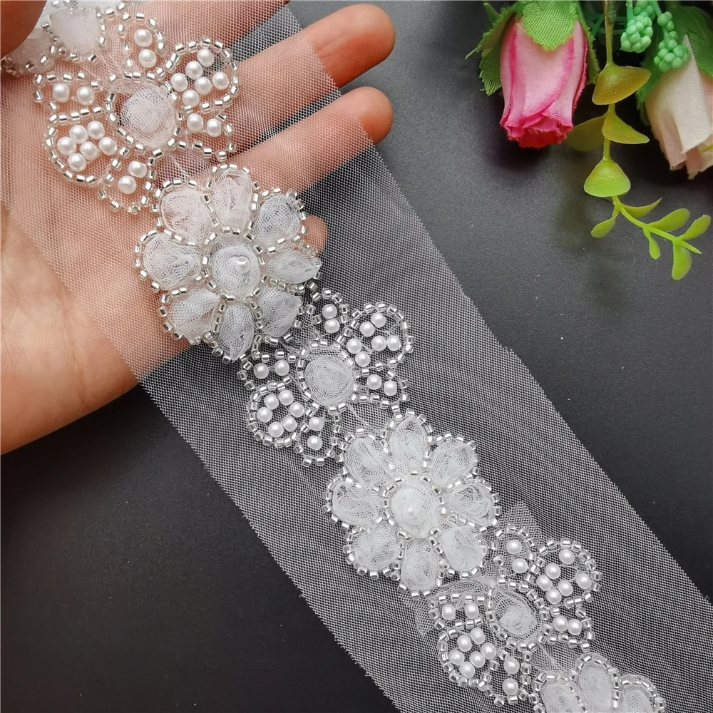 10 Yards Lace Fabric Pearl Ribbon, 3/4 Inches Wide Pearl Lace Polyester  Ribbon, Faux Pearl Lace Edge Trim, Applique Pearl Fringe for Sewing, Bridal