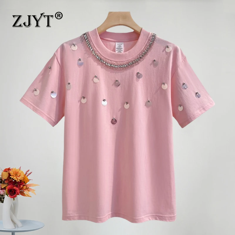 

ZJYT Beading T Shirts for Women Summer Tees O Neck Casual Tops Short Sleeve Loose Camisetas Fashion Streetwear Pink 2024 New