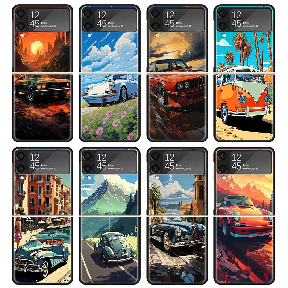 Classic Vintage Old Retro Car Custodia Nera Per Telefono Per Samsung Zflip5 Zflip4 Zflip3 5G Hard Pc Protective Galaxy Z Flip 3 4 5 Foldin