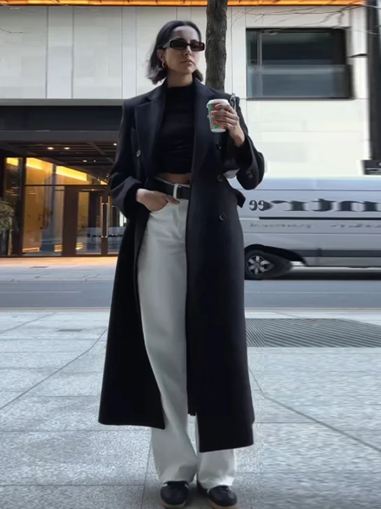 Elegant Black Blazer Long Coat Women Slim Lapel Single Breasted Long Sleeve Pocket Jacket Female 2025 Spring Shoulder Pads Coats 4