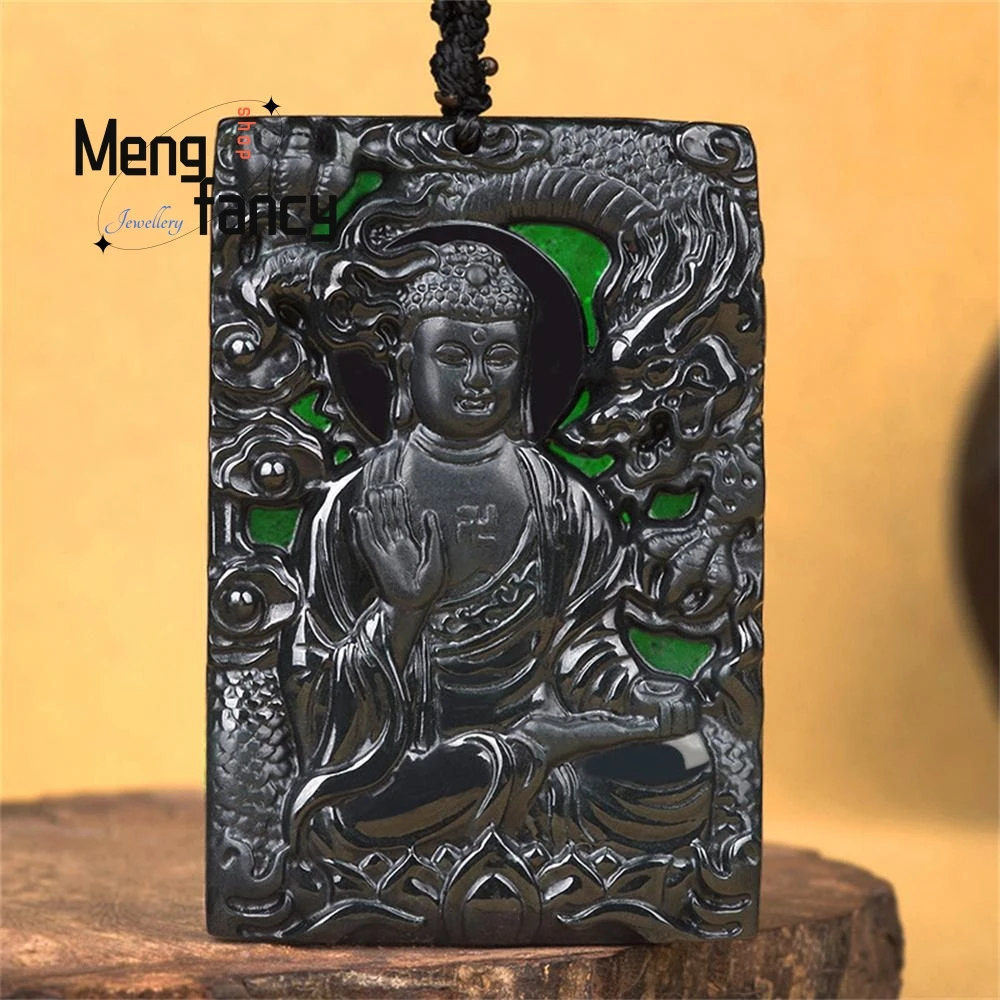 

Natural A-goods Jadeite Ink Cui Rudra Buddha God Dragon Jade Pendant Exquisite Buddhist Amulets Handicraft Fashion Fine Jewelry