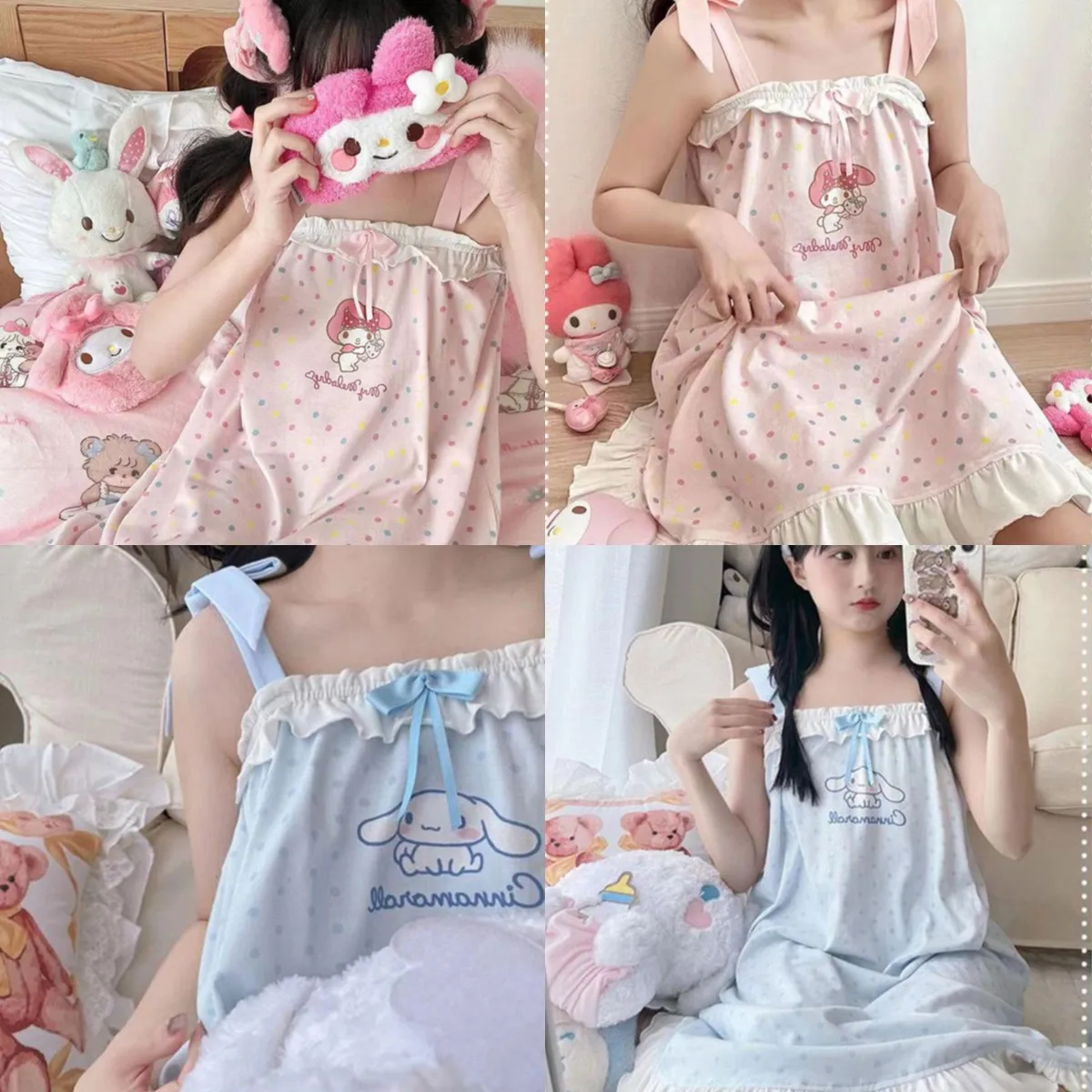 

Sanrio Summer Cute Mymelody Cinnamoroll Full Print Pajamas Suspenders Nightdress Girl Kawaii Home Clothes Can Be Worn Outside