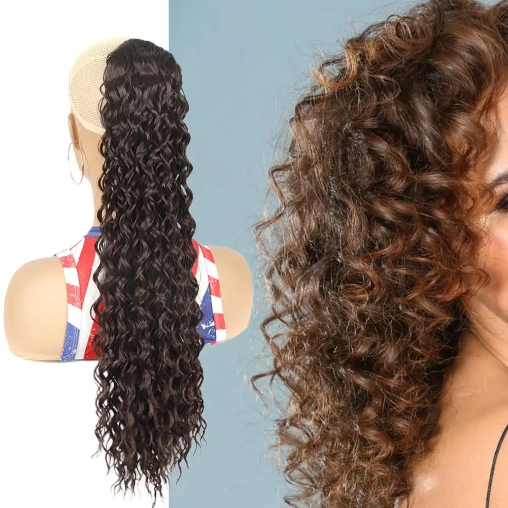 Ladies Wig Smooth Soft Fluffy Easy to Wear Thicken Hairs Hair Styling Anti-slip Drawstring Netting Long Curly Ponytail Wig Salon