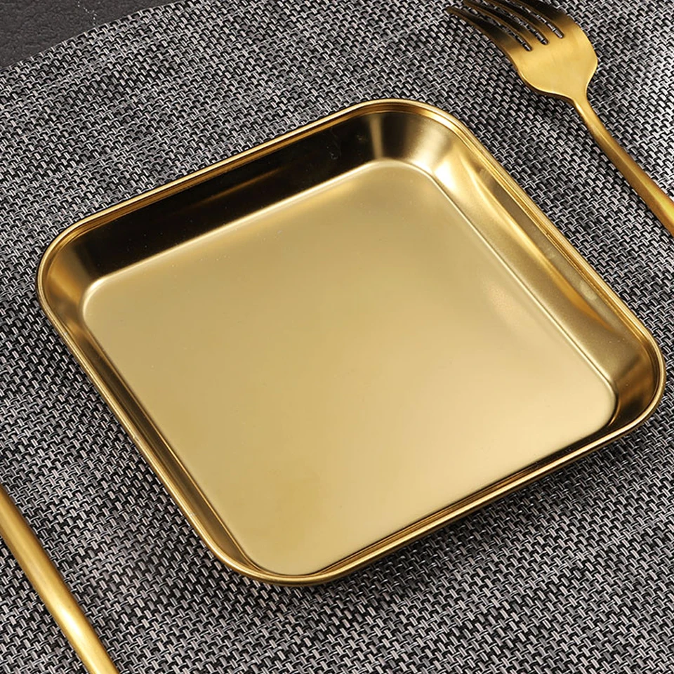 304 Stainless Steel Square Plate Golden Thick Skewers Dish Plate Restaurant Commercial Flat-bottom Korean Barbecue Tableware dining dish