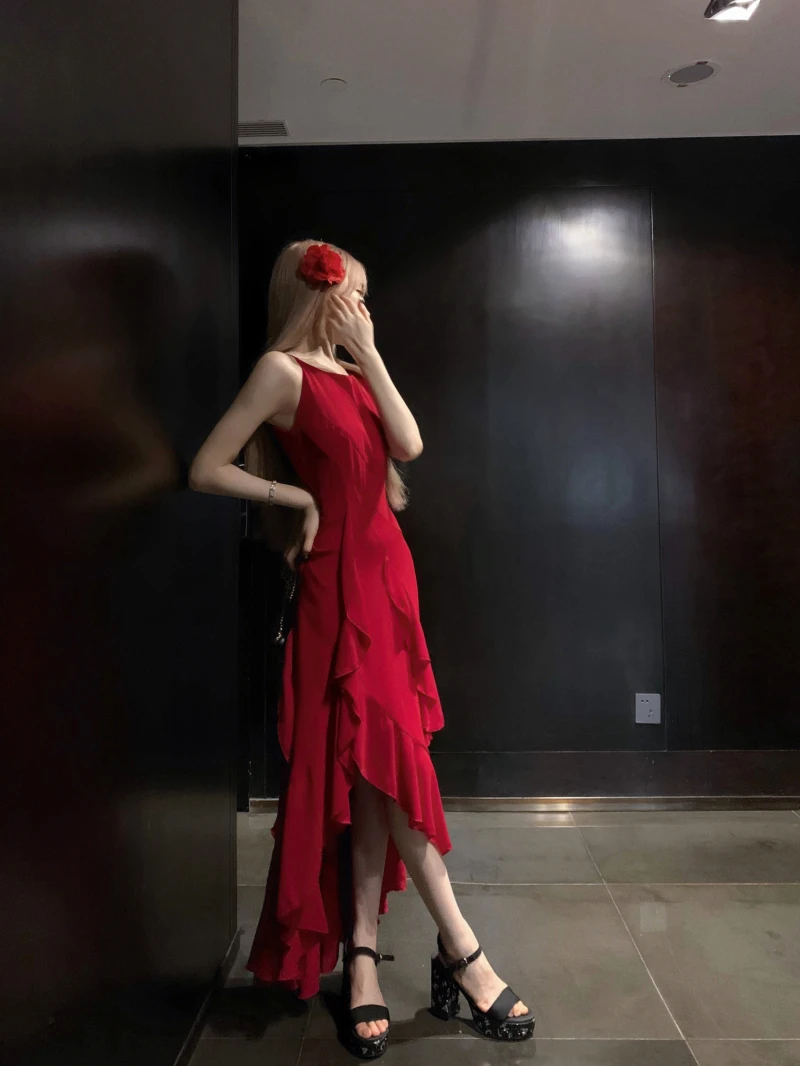 Y2K Red Irregular Womens Dresses Sexy Spaghetti Strap Sleeveless Ruffles Birthday Party Dress Summer Slim Casual Vestidos Mujer