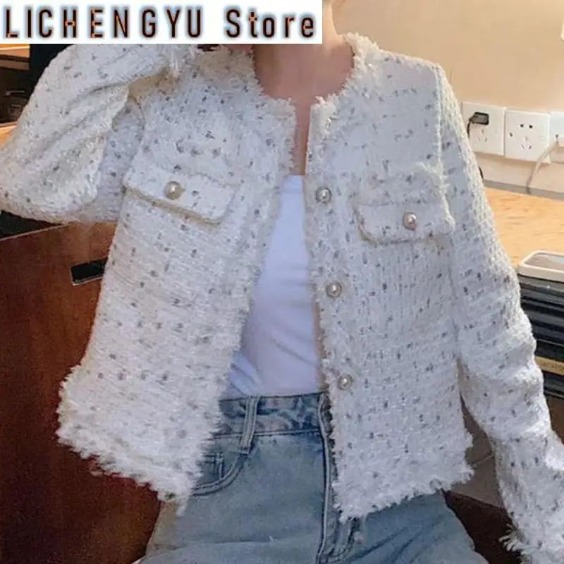 New Autumn Women Single-Breasted Tweed Woolen Coat Round Neck Long Sleeve Tassel Jacket Design High Quality