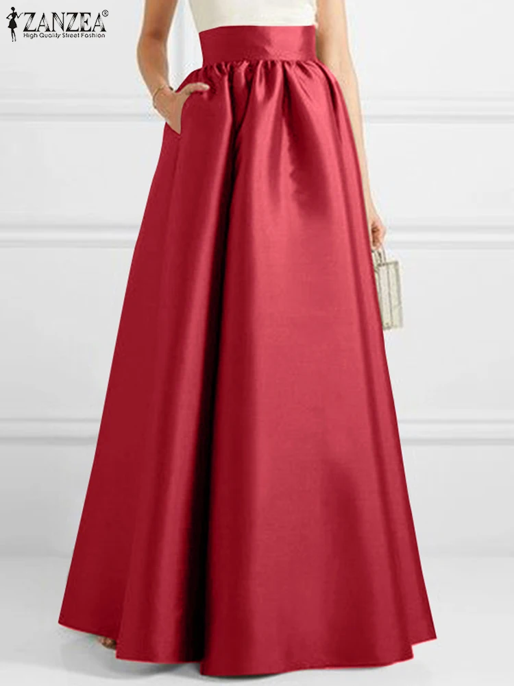 ZANZEA Oversized Satin Long Skirt Women Autumn New A-line Floor Length Solid Color High Waist Dress Elegant Vintage Casual Robe