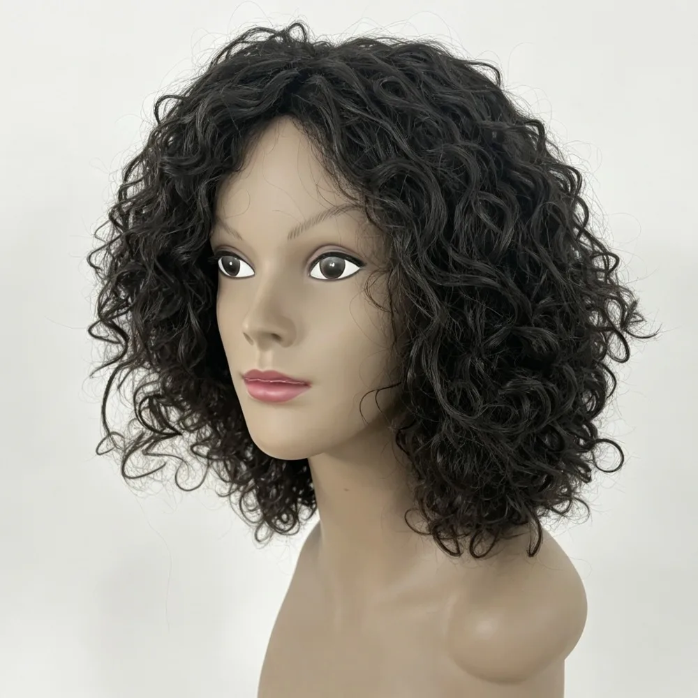 Parrucca di capelli umani brasiliani per donne nere, parrucca riccia con frangia, parrucche bob ricce, capelli umani con parte laterale, marrone soffice misto biondo - immagine 3