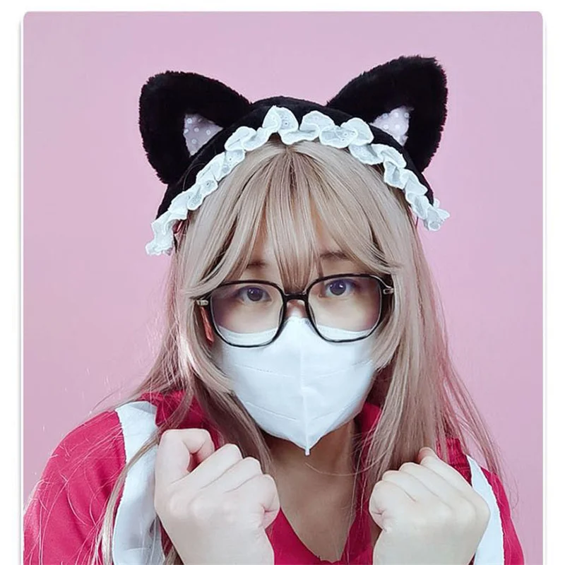 Ruffled Lolita Ribbon Plush Cat Ear Headband Cosplay Headpiece Cute Sweet Hair Hoop Band Maid Cosplay Hairband Hair Accessories