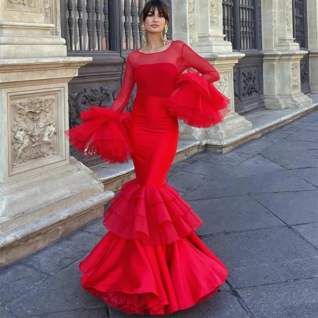 

Elegant Long Red Crepe Evening Desses With Sleeves Mermaid Scoop Tiered Floor Length Zipper Back Prom Dresses for Women