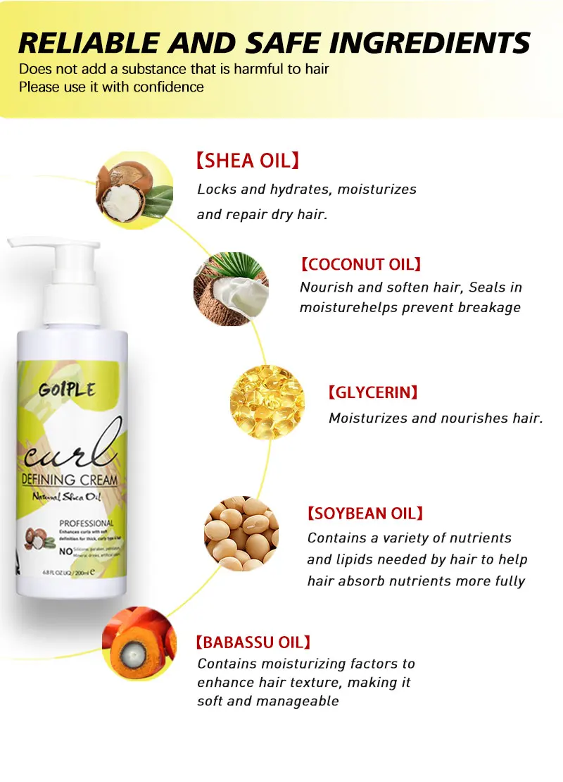 GOIPLE 6.8fl.Oz Natural Shea Oil Curl Defining Cream Tames Frizz Flyaways Enhances Curls Protects Hold Long Lasting Styling