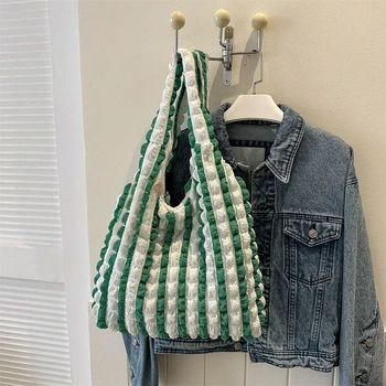 حقيبة كتف عصرية خفيفة الوزن قابلة للطي تحت الإبط، حقيبة يد مخططة للنساء للاستخدام اليومي، حقيبة حمل ذات سعة كبيرة 5