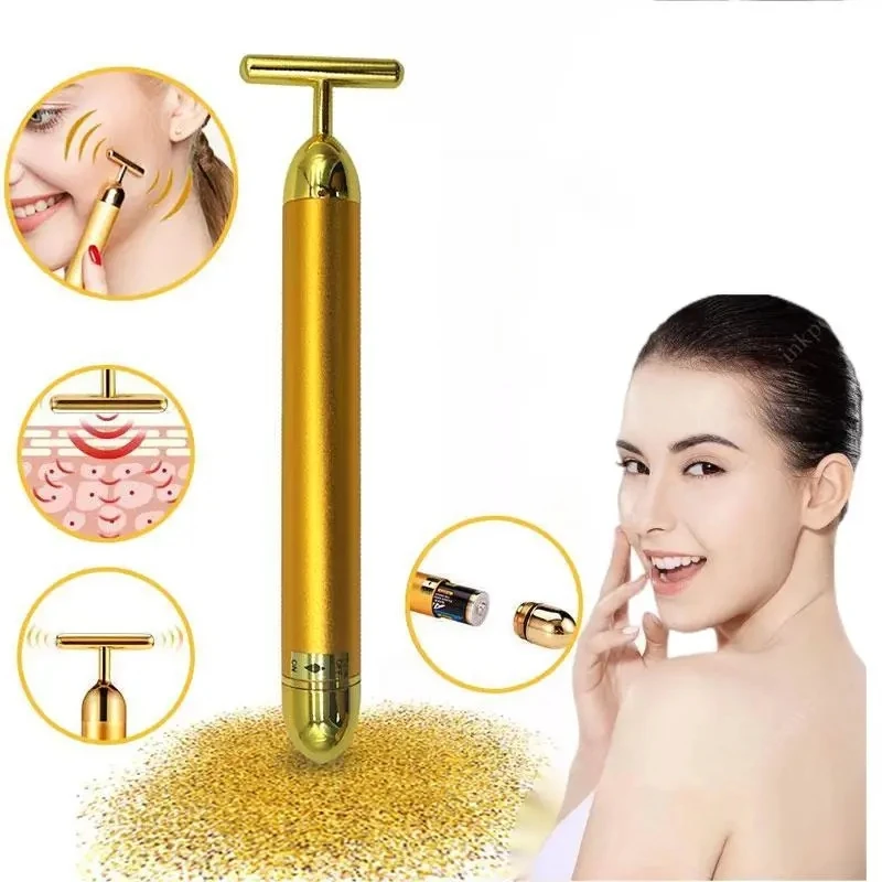 T-Shape 24k Energy Beauty Bar Vibrating Facial Roller Massager Face-lift Devices Skin Tightening Anti-wrinkle Massage Roller 2pcs beauty ice hockey energy beauty crystal ball facial cooling ice globes water wave for face and eye massage roller skin care