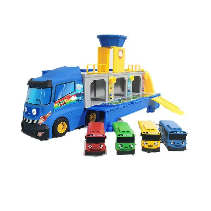 Simulation The Little Bus Container Truck Storage Box Parking Lot Cartoon Children Toys with 3 Pull Back Car Set Toys for Kids