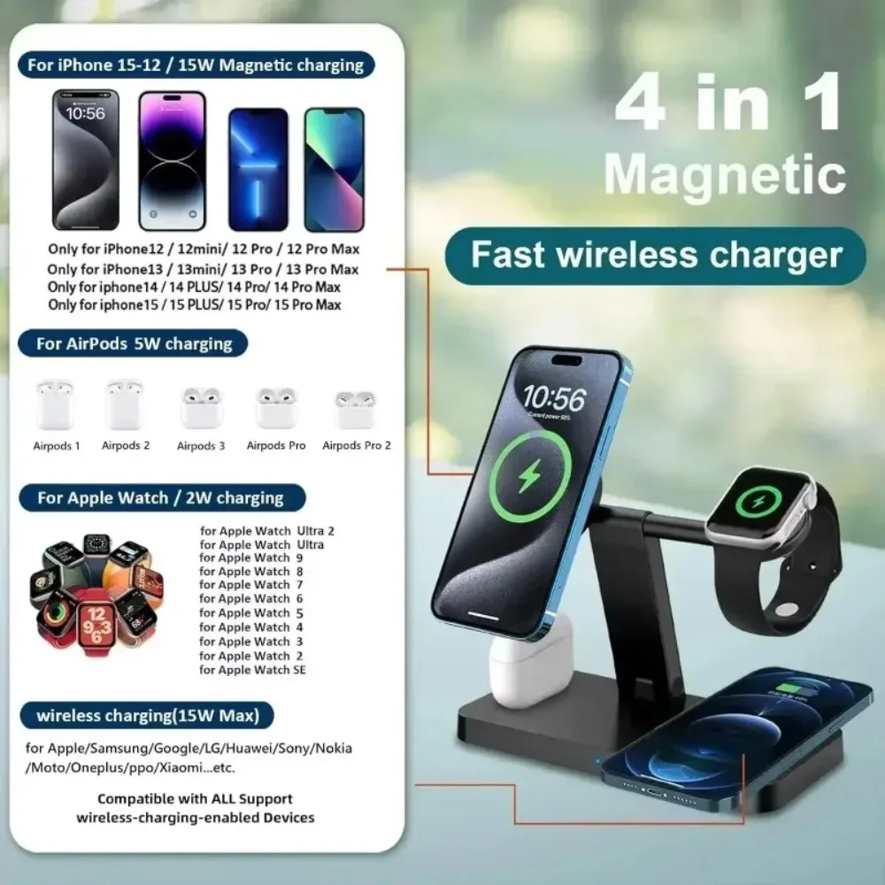 100W 4-in-1 Magnetic Wireless Charger Foldable Phone Holder Dock For Magsafe iPhone 16-12 Apple Watch AirPods4 Pro Fast Charging