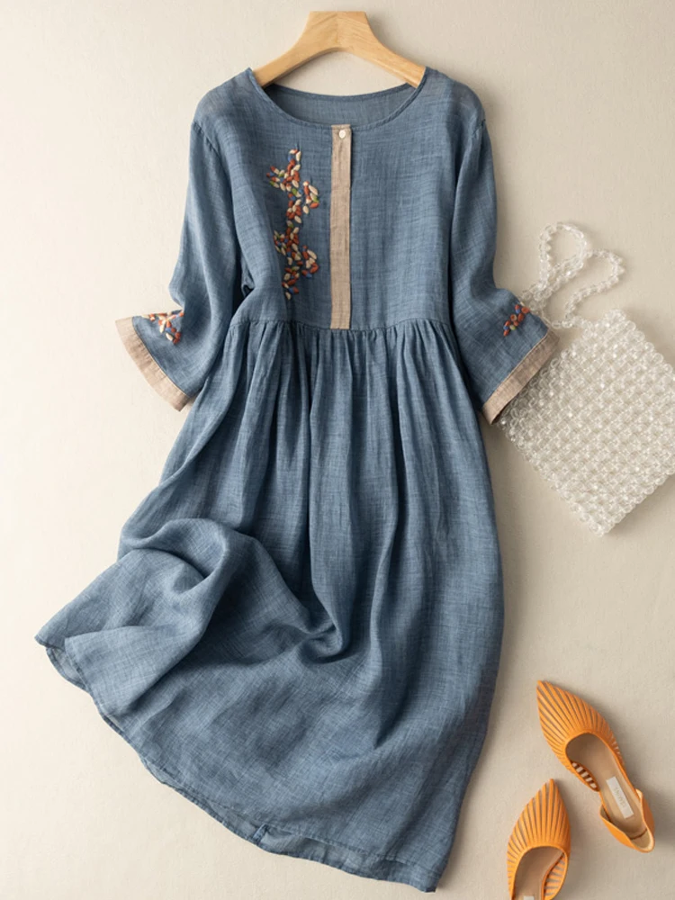 

2023 New Summer High Waist Short Sleeve O-Neck Vintage Women Dresses Cotton Flower Embroidered Ladies Sundress Robe Femme