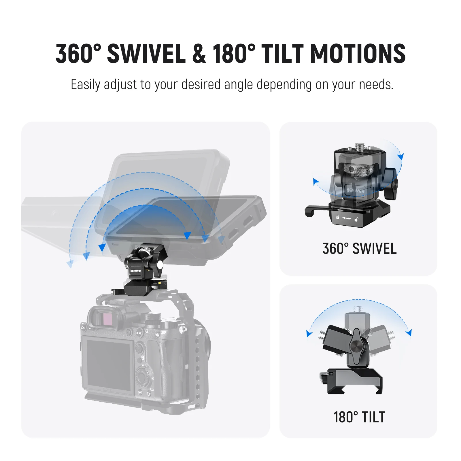 Description Picture 4 of itemNEEWER DSLR Camera Clamp Adjustable Monitor Mount with Cold Shoe Anti Twist 1/4" Screw for Monitor Flash Light DIY Attachment