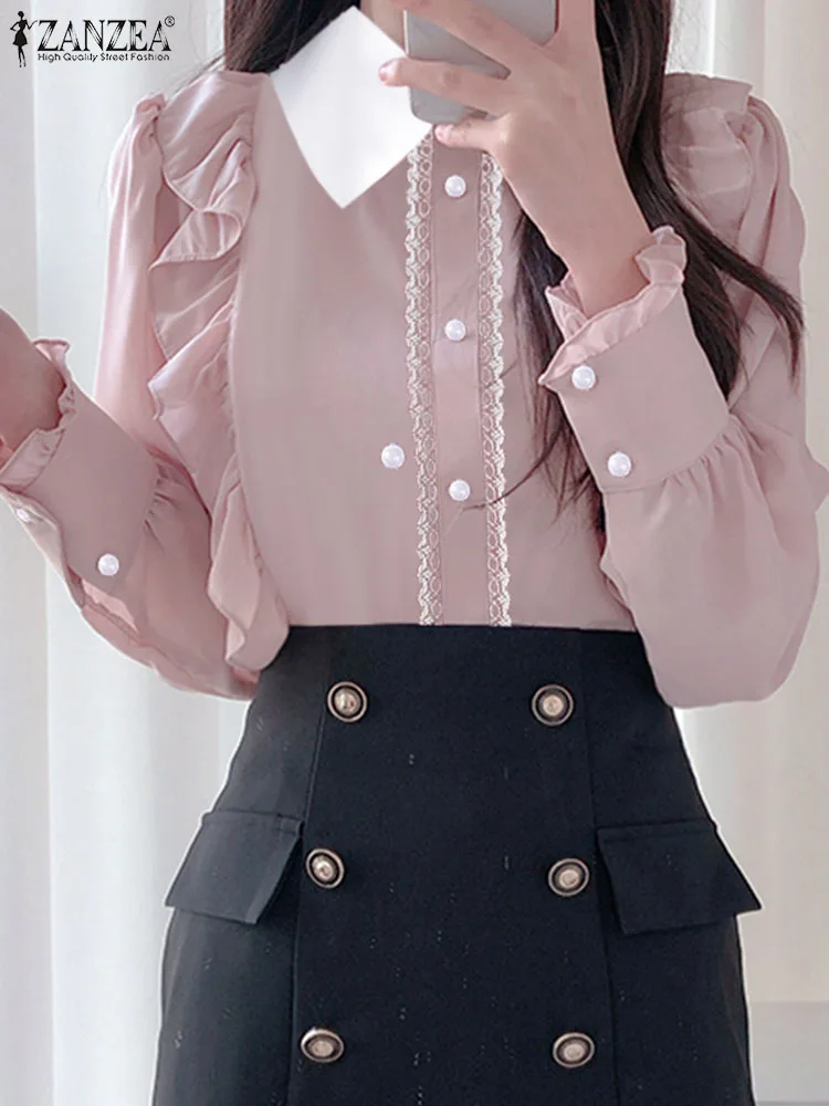 

ZANZEA Women Fungus Ruffled Blusas Fashion Elegant Shirt 2023 Autumn Solid Buttons Office Blouse Vintage Puff Sleeve French Tops