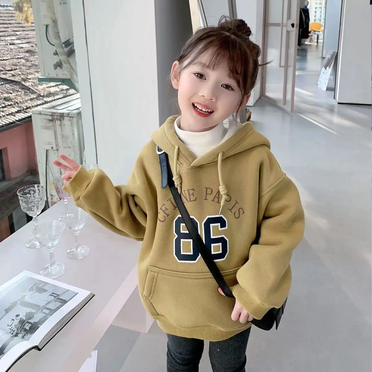 

Children's Fleece-Lined Sweater Spring and Autumn New Baby Western Style Hooded Thickened Long Sleeve Girl Autumn Casual Tops