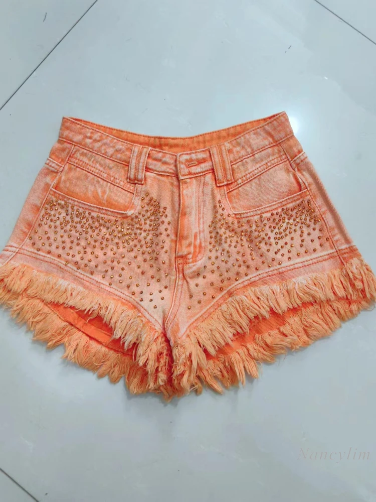 

Orange Rhinestone Denim Shorts for Women Fringed Burr Jean Hot Pants Woman's High Waist Design Sense Summer New Wide Leg Shorts