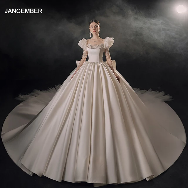 Jancember Superfine Factory Wholesale Wedding Dresses For Women Satin Full Sleeves O-Neck Bow Pleat Robe Mariage LSMX068 1