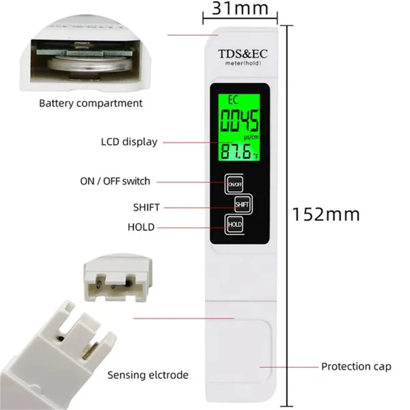 3 in 1 PH Tester Water  PH Meter TDS EC Temperature Meter Digital LCD Water Testing Pen Purity Water Quality Monitor Testing Pen 6