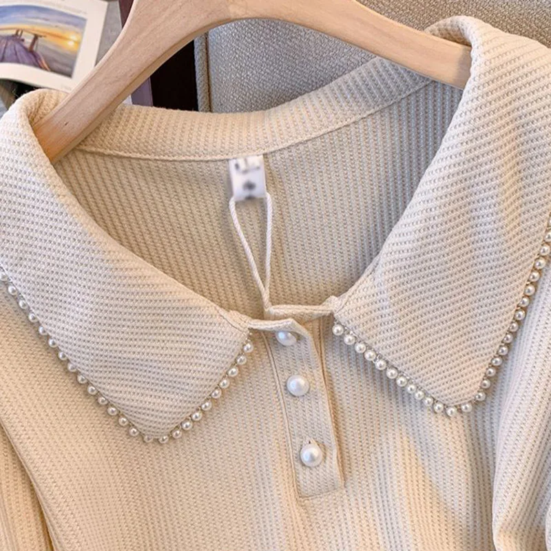Large Size Doll Collar Nail Bead Short Sleeves T-shirt Summer New Casual Loose Slimming Versatile Tops Fashion Clothes for Women