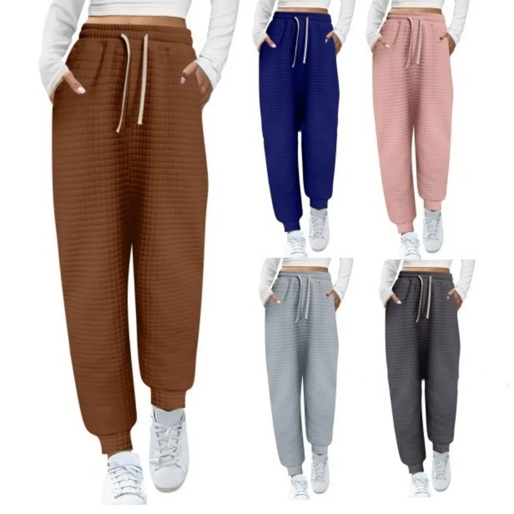 

Autumn Winter Cotton Solid Color Drawstring Sweatpants Casual Loose Waffle High Waist Women Trousers Track Sweat Jogger Pants