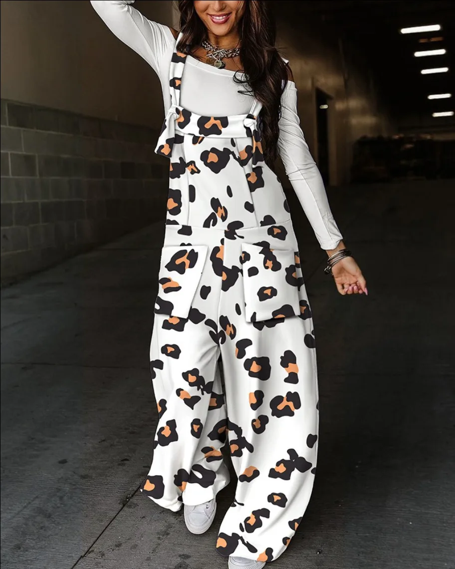 

Fashion Women's Loose Casual Jumpsuits 2023 Autumn Lady Print Waist Tie Strap Pants Long Wide Leg Pants