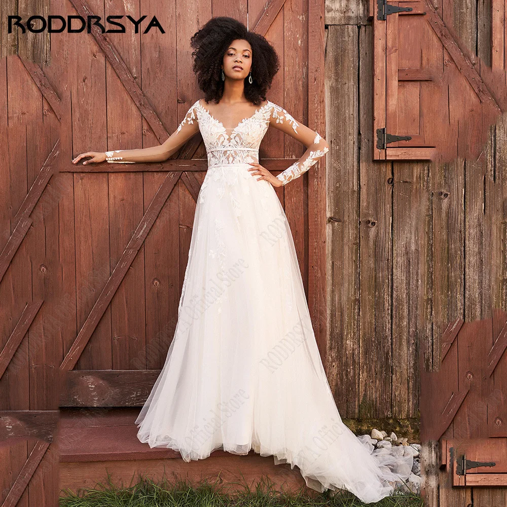 

RODDRSYA Civil Wedding Dresses For Woman Long Sleeves Double V-Neck Bride Party Gowns Tulle A-Line Applique vestidos de novia