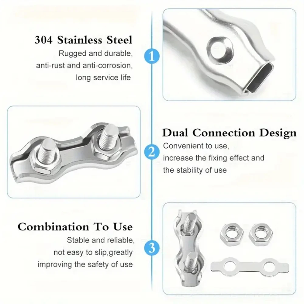 Wire Rope Clamps 1-10Pcs M2-M8 Stainless Steel Double Post Bolt Clip Wire Rope Cable Clamp Caliper Rope Simple Grip DIY Cable Fastener