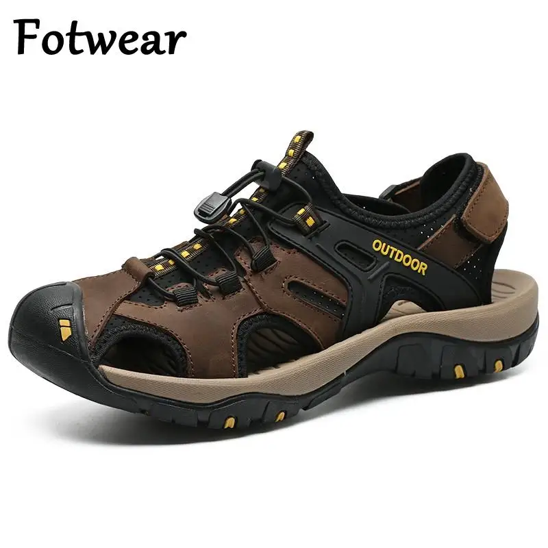 

genuine leather men beach sandals breathable big size 38-48 outdoor walking shoes leisure slip on mens sneakers water shoes wade