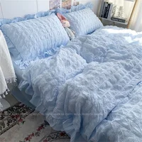 INS Girl-Parure de lit en seersucker pour fille, ensemble de literie en dentelle à volants, drap doux, housse d'oreiller, housse de couette, kawaii 3