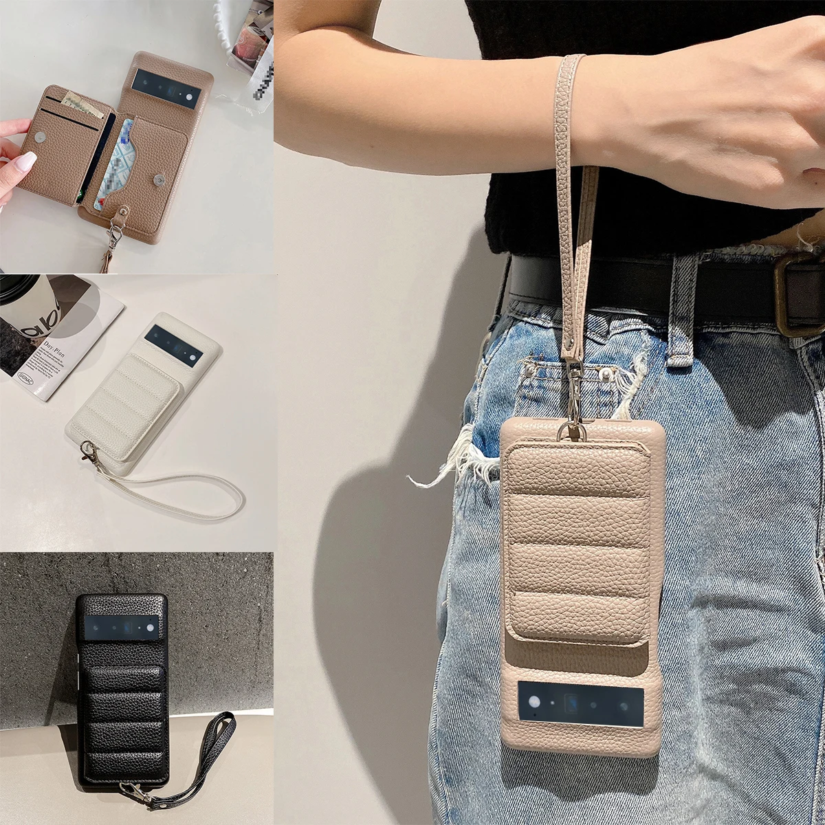 Luxury Litchi Pattern Shockproof PU Leather Wrist Strap Wallet Phone Case