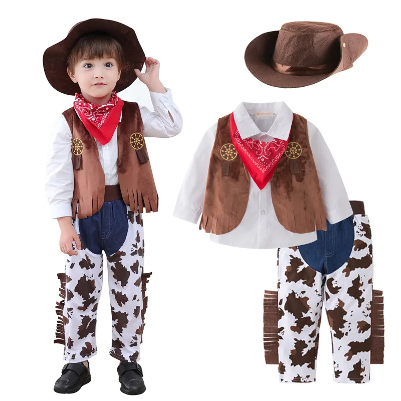 Kids clothing set boys clothing set boys vest set Baby Clothes Boys Cowboy Costume For Kids Children Cosplay Clothing Sets Vest+Trousers Pants+Scarf+Hat 4pcs Toddler Outfits Suit