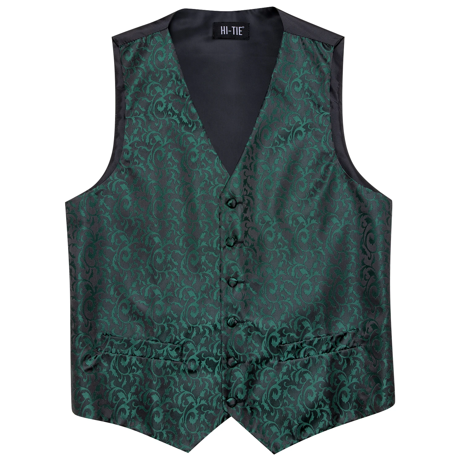 Hi-Tie Men's Silk Vests Fashion Dark Green Floral Jacquard Handkerchief Cufflinks Necktie Sleeveless Wistcoat Sets Wedding Party 4