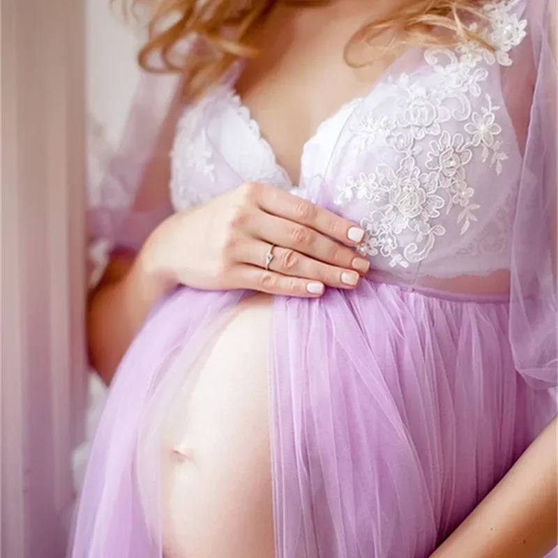 

Sexy Tulle Maternity Dresses For Photo Shoot Perspective Pregnancy Photography Dress Split Mesh Pregnant Women Maxi Gown Blue