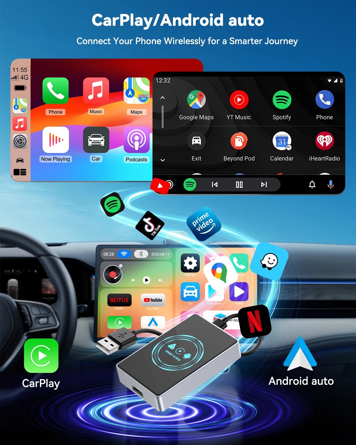 Wireless CarPlay Android Auto Adapter with Netflix YouTube