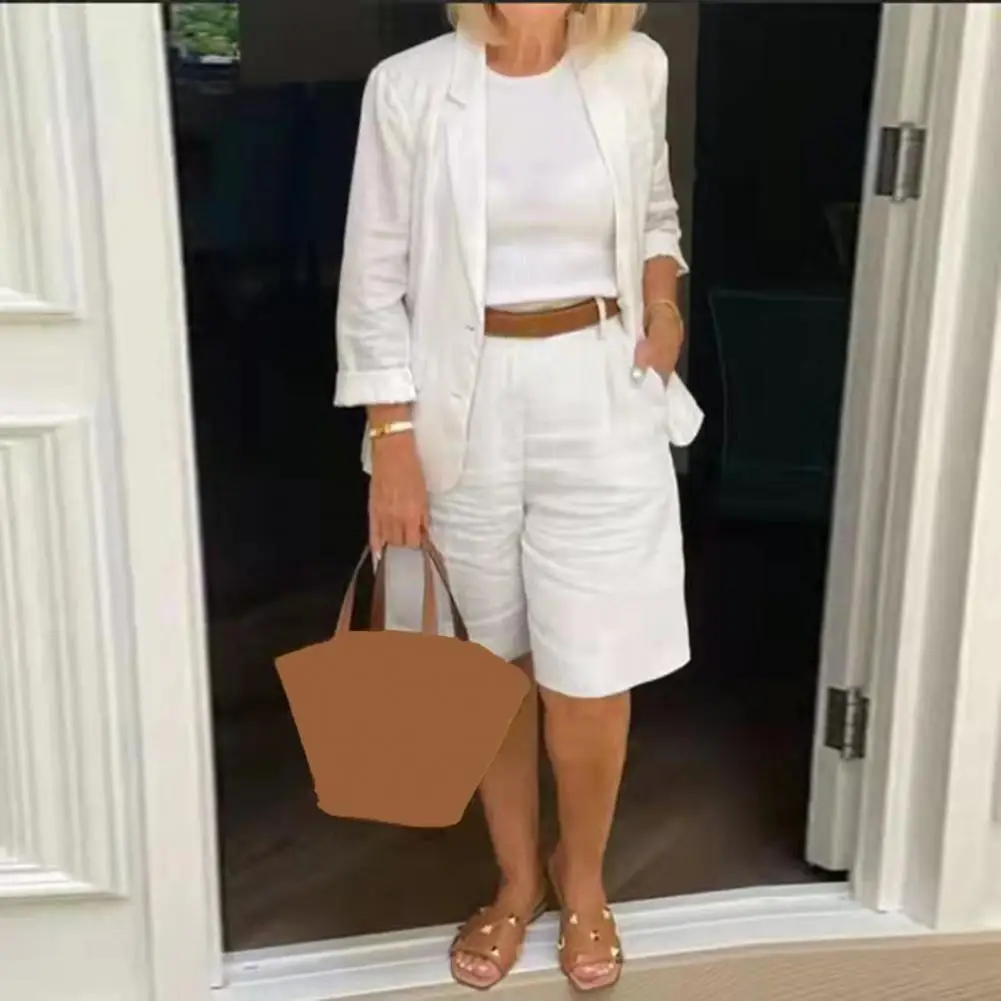 1 Set Blazer Short Sets Half Shorts Solid Color Single Breasted Women's Suit Summer Loose-fitting Buttons Outfit for Office