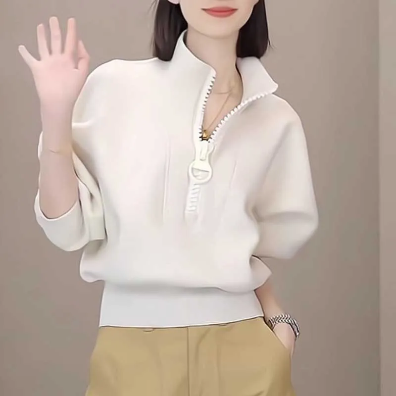 스탠드 칼라 지퍼 단색 스웻셔츠, 여성 의류, 2023 가을, 겨울, 루즈한 캐주얼 상의, 통근용 스웻셔츠, 패션